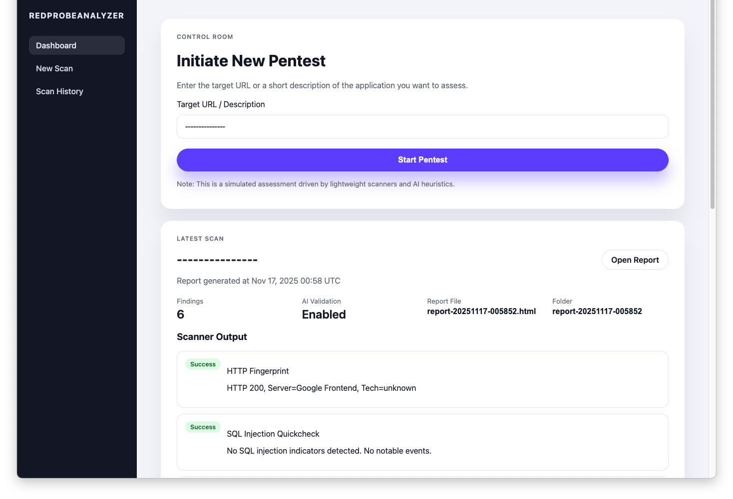 Dashboard mit Scanstatus